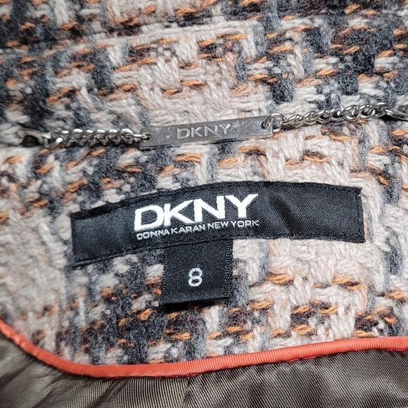 DKNY Retro Y2K Brown Plaid Tweed Double Breasted Belted Midi Peacoat Trench Coat - Picture 12 of 13